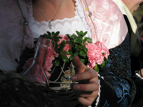  Detail vom seidenen Mieder mit Nelken geschm&uuml;cktem Ausschnitt